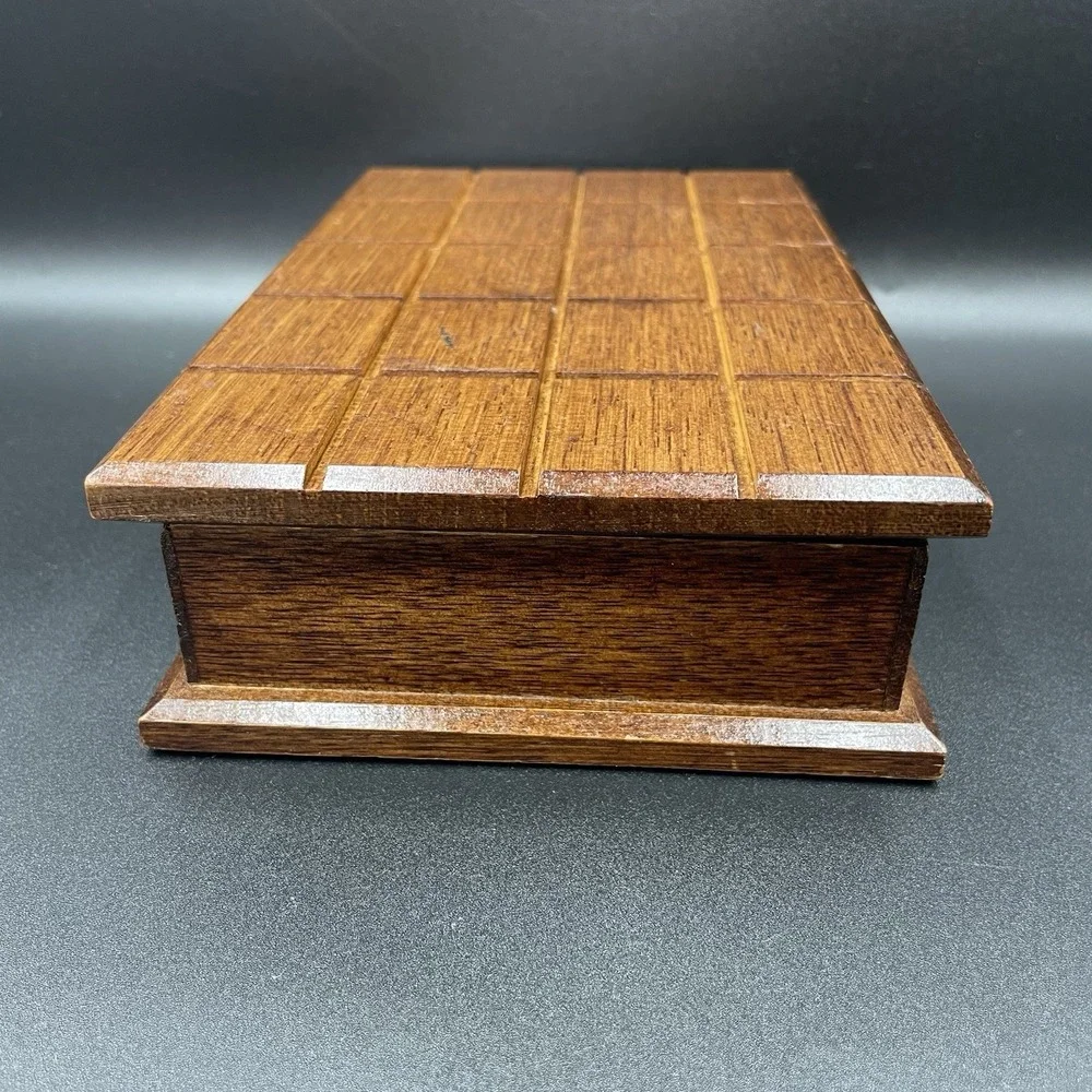 Vintage Carved Wooden Jewelry Box with Green Corduroy Lining Hinged Lid - MCM
